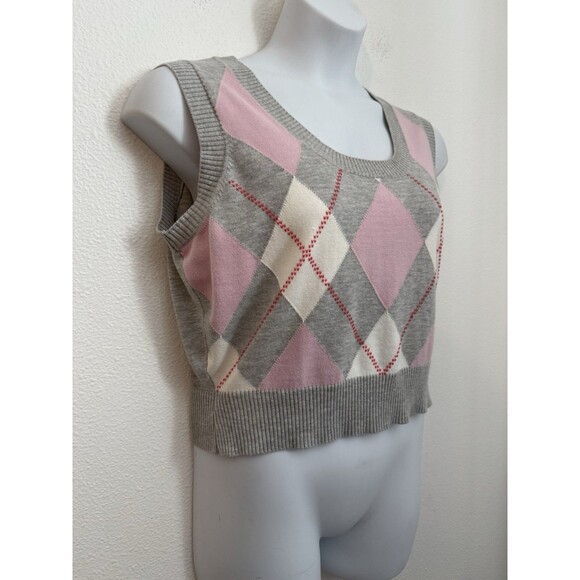 Torrid Women Vest Academia Argyle Sweater Gray Pink Size 1X Preppy Cropped 90s - Picture 2 of 5